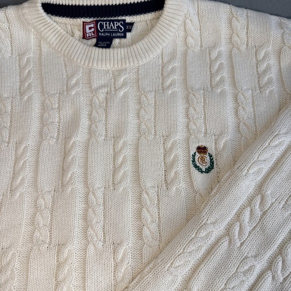 Chaps Ralph Lauren Cable‎ Knit Sweater Mens XXL Cream Crew Neck Pullover Y2K - Picture 1 of 8